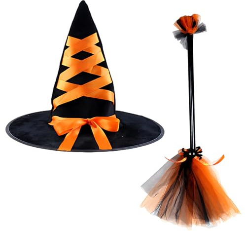 Juego de sombrero de escoba de bruja de Halloween, juego de escoba de bruja naranja para recuerdos de fiesta de cosplay, sombrero de bruja de 34 cm y escoba de 40 cm