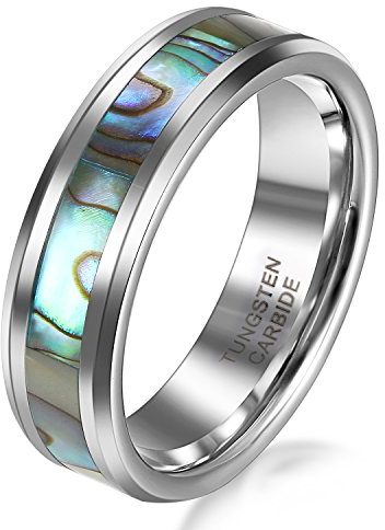 JewelryWe Ringe Damen Wolfram Abalone: 6mm Breite Damen-Ring Wolframcarbid Frauen Ring Hochglanz mit Seeohr Abalone Inlay Engagement Verlobung Hochzeit Band mit Gravur Größe 63