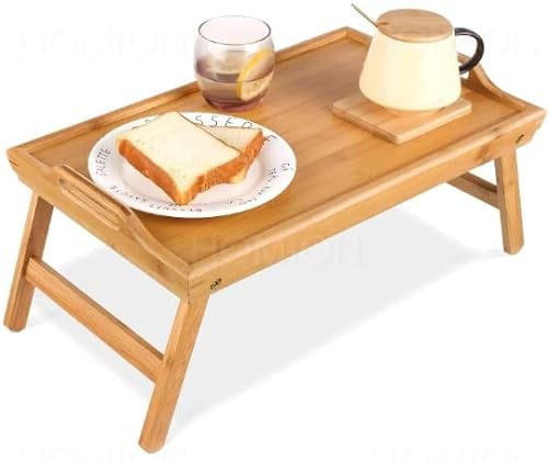 Wooden Breakfast Tray, 50 x 30 x 23 cm Serving Laptray With Folding Legs And Handles Camping Server Compact Space Saving Natural Lightweight Bed Tray Camper Van Serve in Bed