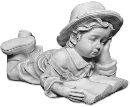 gartendekoparadies.de Liegender Junge mit Buch, Steinfigur H. 32 cm, 25 kg, Grau, frostsicher aus Steinguss für Außenbereich