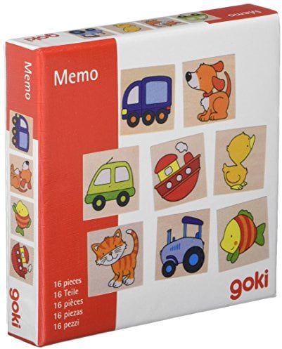 goki 56698 - Memospiel Mein erstes Memo aus Holz, Erinnerungsspiel Klassiker mit Tieren und Fahrzeugen, Paare finden, fördert Gedächtnis & visuelle Wahrnehmung und Koordination, 16-er Set, ab 2 Jahr