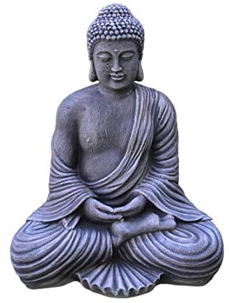 gartendekoparadies.de Buddha Statue in antiker Farbgebung, Steinfigur, H. 42 cm, 19 kg, Mehrfarbig, frostsicher aus Steinguss für Außenbereich