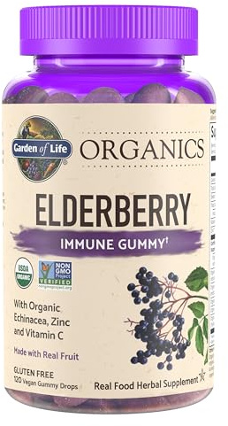 Garden of Life Organics Elderberry Gummies for Adults & Kids - Immune Support Supplement with Organic Fruit, Herbal Blend, Elderberry, Echinacea, Zinc, Vitamin C, 120 Vegan Gluten Free Gummies
