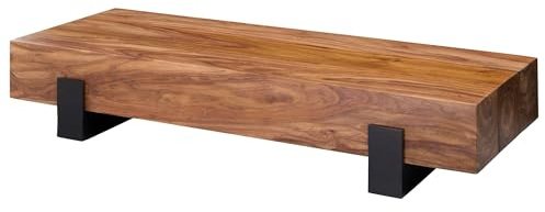 WOHNLING Couchtisch 115x44x22 cm Sheesham Massivholz Metall Flach | Wohnzimmertisch puristisch Braun Schwarz, Sofatisch massiv rechteckig, handgefertigtes Unikat, Stubentisch modern