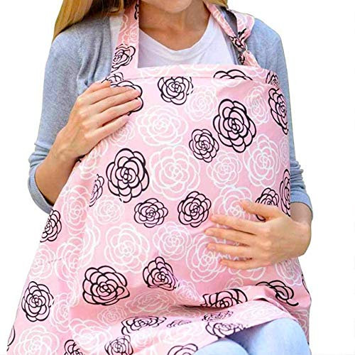 Auranso Breastfeeding Cover Nursing Cover Scarf with Pockets, Breathable Cotton Mums Breastfeeding Apron Shawl Baby Car Seat Cover Baby Swaddle Blanket Pink