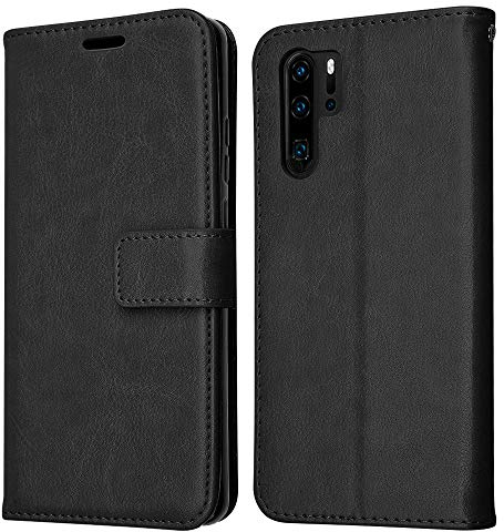 TECHGEAR Compatible with Huawei P30 Pro Leather Wallet Case, Flip Protective Case Cover with Card Slots, Kickstand and Wrist Strap - Black PU Leather fit Huawei P30 Pro