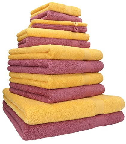 Betz 12-TLG. Handtuch Set Premium 100% Baumwolle 2 Duschtücher 4 Handtücher 2 Gästetücher 2 Seiftücher 2 Waschhandschuhe honiggelb/Beere