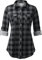 DJT Damen Weiches Gestrick Karierte Bluse Langarm 3/4 Roll Up Ärmel Hemdbluse Button-down Blusen Schwarz L