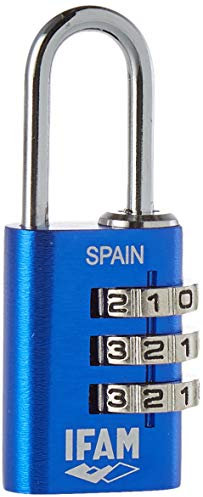 IFAM Candado de Combinación Col Combi, 20mm, Color Azul, Máxima Seguridad, Ideal para Mochilas y Maletas, Con Clave y Más de 1.000 Combinaciones, Aluminio, Gran Ligereza, Arco 3mm
