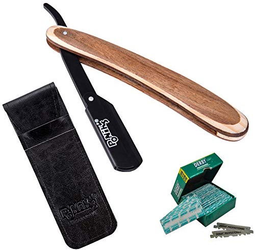 Ponik's Klassisches Rasier Set Herren, Transporttasche, Rasiermesser-Set mit 100 Derby Wechselklingen, hochwertiges Edelstahl, Barbier Messer für eine präzise Bart-Rasur, Braun
