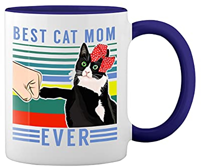 Best Cat Mom Ever Vintage Weiße Tasse Mug mit blauem Felgen und Griff