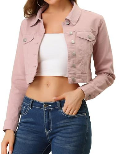 Allegra K Damen Jeansjacke Langarm Button Gewaschene Crop Jacke