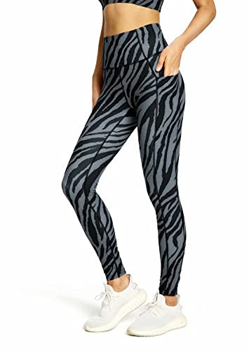QUEENIEKE Sporthose Damen mit Taschen Hohem Bund Atmungsaktive Sportleggings für Laufen, Training Yogahose - 66 cm (Graues Zebramuster, 30-32)