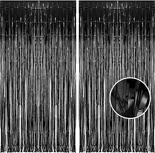 Black Foil Fringe Curtain Halloween Party Decorations- BRAVESHINE 2 PCS 3.3 x 8.2 ft Tinsel Curtains Photo Booth Backdrop Streamers Indoor Halloween Decorations for Pumpkin Scary Party