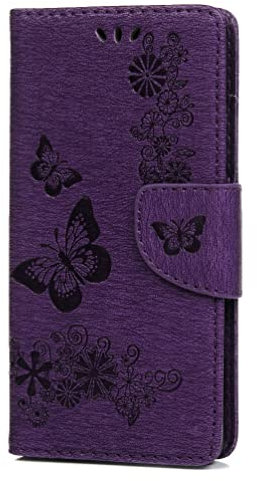 Skyhewen for iPhone X Case, iPhone XS Case Wallet Flip Shockproof Floral Butterfly PU Leather Phone Case Magnet Stand Card Holder Silicone Bumper for iPhone X/XS, Purple