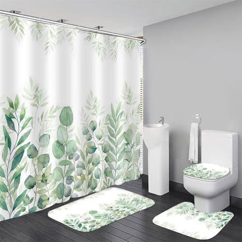 DDQQ Green Leaves Shower Curtain Sets with Non-Slip Rug, Toilet Lid Cover and Bath Mat, Plant Leaves Shower Curtain Sets with 12 Hooks, Curtain