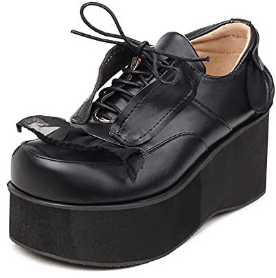 PAUVAODY Plateau Mary Jane Schuhe Süss Lolita Schuhe Harajuku Cosplay Schuhe Plateau Pumps Wedges Gotisch Lolita Schuhe Schnalle Uniform Shoe Black Size 45
