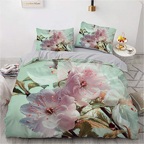 Luowei Bettwäsche Blumen 220x240cm Grün Rosa Vintage Blüten Bettbezug und 2 Kopfkissenbezüge 80 x 80cm Weiche Microfaser Floral Bettwäsche Set für Doppelbett
