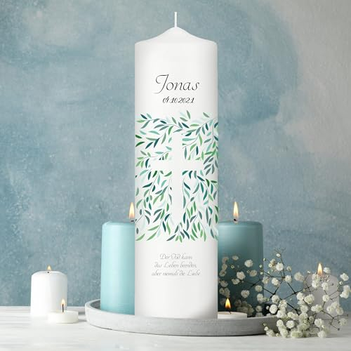 Wandtattoo Loft Trauerkerze personalisiert mit Namen und Datum, Motiv mit Kreuz aus Blättern, 25cm x 7cm, personalisierte Trauerkerze, Kondolenzkerze, Beileidskerze, Trauerlicht, Grabkerze