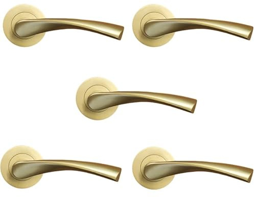 Infinity Decor Pack of 5 Twisted Heavy Duty Sprung Lever on Rose Door Handles Sets in Satin Brass – Ideal for Internal Use