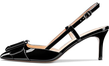 Castamere Donna Spillo Medio Tacco Heel a Punta Slip-on Pumps Slingback Nodo Fiocco Dress da Matrimonio Feste Sandali 6.5 CM Heels Nero Verniciata 37 EU