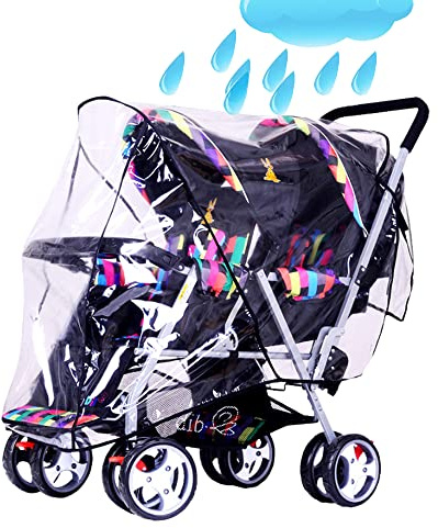 Housse pluie universel pour poussette jumeaux avant et arrière double tandem Habillage de pluie imperméable Housse de Capuche en PVC transparent imperméable à la poussière et au vent pour landau