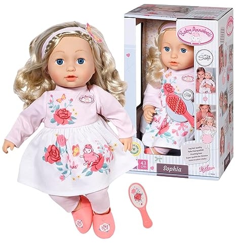 Baby Annabell Zapf Creation 709948 Sophia 43cm- weiche Stoffpuppe mit Langen blonden Haaren, rosa Puppenkleidung bestehend aus Kleid, Leggings, Schuhen, Haarband und Bürste.