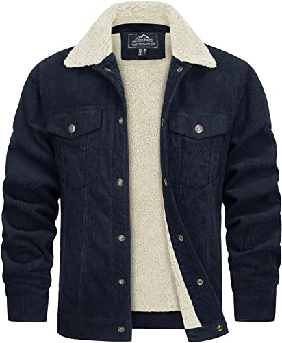 TACVASEN Mens Cotton Jacket Warm Fleece Lined Jacket Trucker Jacket for Men Winter Thicken Casual Coat with Pockets Navy, XL
