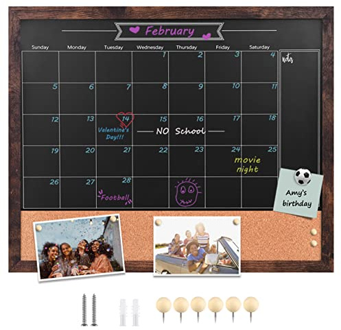 Umtiti Kreidetafel-Kalender und Pinnwand, Kombi-Tafel Brauner Massivholzrahmen, magnetische Oberfläche, perfekt für Büro, Zuhause, Schule, Nachrichtenbrett, BN-4555A