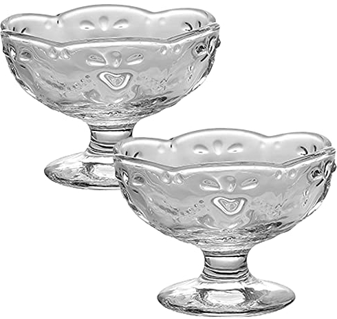 TAMUME Bols de crème glacée vintage à pieds en verre, ensemble de 2, bols de service tout usage en verre pour dessert, fruits, pudding, collations et céréales (transparent)