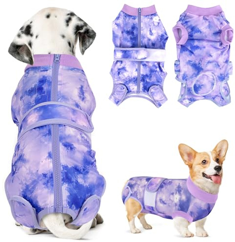 Lukovee Recovery Suit for Dogs, Zipper On Recovery Suit for Female Male Dog, Onesie Abdominal Wounds Cone E-Collar Alternative Prevent Licking Spay Recovery Suit (Small, Purple Tie-dye)
