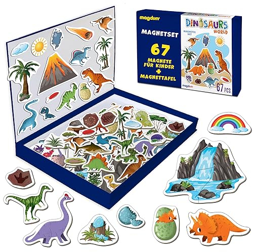 Magdum Magnete Kinder für Magnettafel 67 Stück - Dinosaurier Kinder Magnete Kühlschrank - Magnet Spielzeug Kinder - Magnete Für Kinder - Kühlschrankmagnete Kinder - Lernspielzeug für Kinder