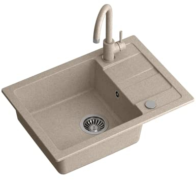 QUADRON évier cuisine granit | Taille 62 x 44 x 17,5 cm Beige | GO SMART évier granit évier simple bassin | évier encastré avec robinet de cuisine | évier monocuve évier de cuisine