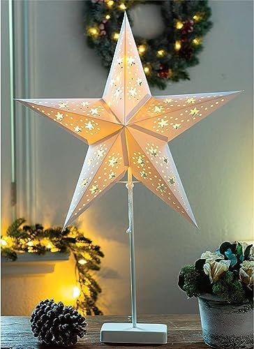 LED Tischlampe Weihnachtsstern mit Fuß und Timer - 66 x 45 cm - Batteriebetrieben mit 10 warmweißen LEDs - Cremefaben Perfekt für stimmungsvolle Innenraumbeleuchtung - Fenster Deko Stern Lampe