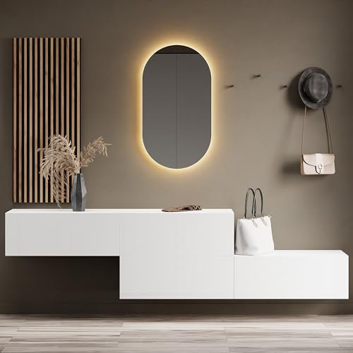Planetmöbel Flur Möbel Garderobe 2X 160cm weiß, Wandpaneel 50cm Gold Eiche/Anthrazit mit Spiegel 50cm (ohne LED), Wandgarderobe 32,5H x 160B x 37,8T cm