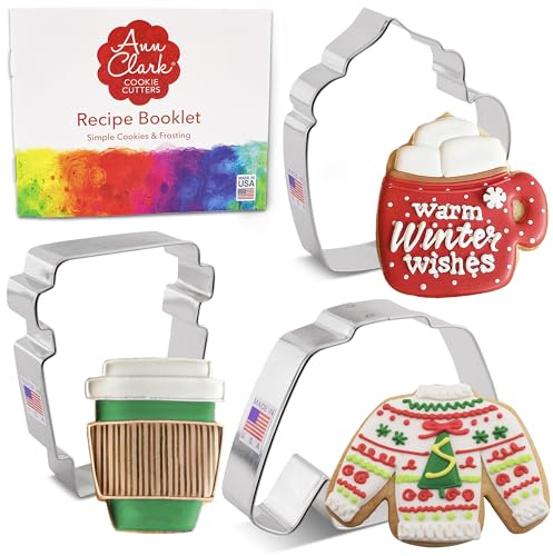 Set di 3 formine per biscotti natalizie, realizzate negli Stati Uniti da Ann Clark, tazza da caffè, tazza da latte, maglione