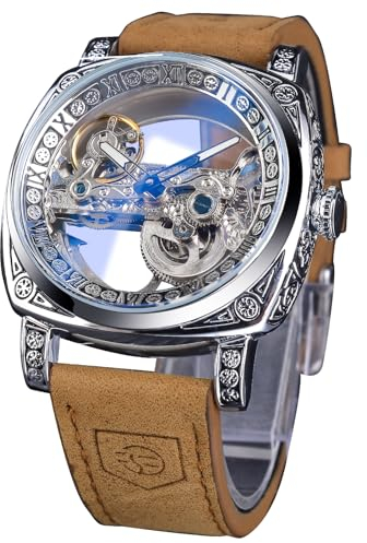 FORSINING Uhren für Mensch, quadratische Retro mechanische Uhr Self-Wind geschnitzt, Skelett automatische Uhren Vintage Lederarmband Armbanduhr
