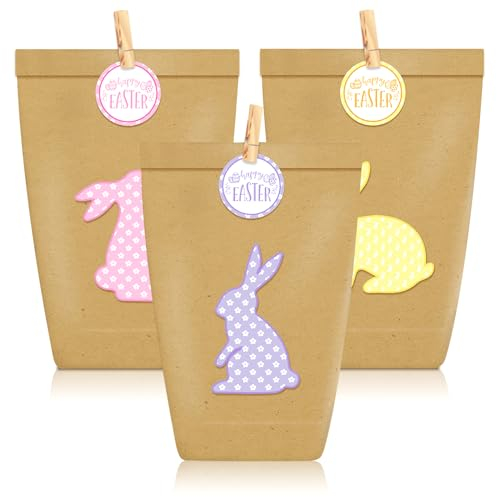 Forhome 12 Stück Geschenktüten zu Ostern, Ostertüten zum Befüllen, Osterhase Papiertüten Setmit Clip und Hasenaufkleber, Ostern Papier Geschenktüten für DIY Basteln und Verschenken