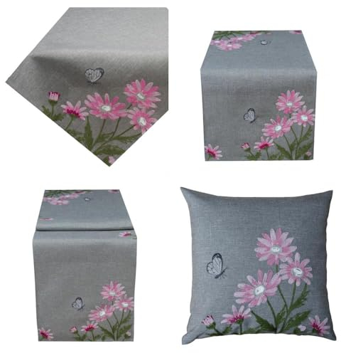 Tischdecke Mitteldecke Tischläufer Kissenhülle grau geblümt Kurbelstickerei mit rosa Margeriten und weißem Schmetterling (40 x 140 cm)