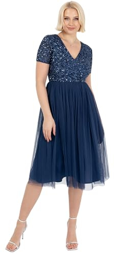 Maya Deluxe Damen Embellished Midi Evening Dress Women Ladies V Neckline with Short Sleeve for Prom Wedding Brautjungfernkleid, French Navy, 48