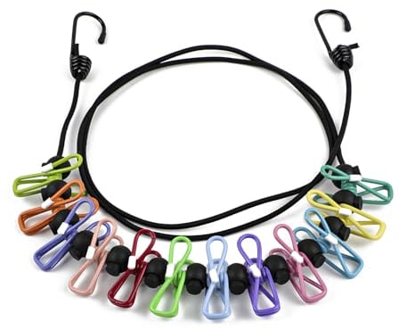 Filo per bucato portatile, elastico, da campeggio, con 12 mollette per viaggi, vacanze, campeggio, dormitorio (180 – 300 cm)