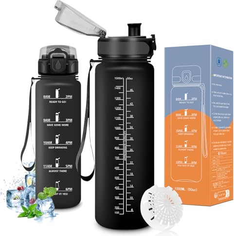 Vikaster Bouteille d'eau, Gourde 1500ml, sans BPA, Étanche & Réutilisable, Convient Pour la Gym, Yoga, Camping, Sport, Gourde Randonnée, A-mat Noir