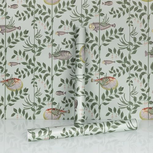 Hode Green Self Adhesive Wallpaper 44cmX300cm, Sticky Back Plastic Patterned Furniture Sticker, Vinyl Wrap Film Roll for Cupboards Shelves, Fish and Green Peel and Stick Wallpaper,