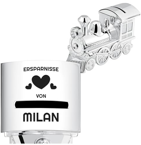 Maverton versilberte Spardose Lokomotive mit Gravur, Deko Zug Figur | Personalisierbare Kinder Sparbüchse, Baby Sparbox, Wiederverwendbare Spardose für Mädchen und Jungen zum Geburtstag