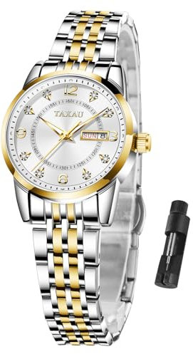 Taxau Damenuhr wasserdichte Tag Datum - Armbanduhr Damen Kleines Leuchtend Leicht zu Lesen - Damenarmbanduhren Edelstahlband Luxus Diamant Dekoration