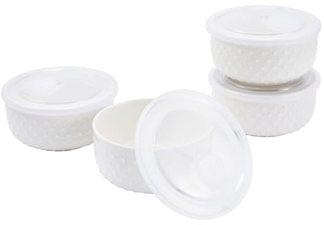 Mosuji 20 oz Oven-Safe Porcelain Ramekins with Lids, Large White Souffle and Creme Brulee Baking Dishes, Set of Ramekin Bowls for Sauce and Dessert