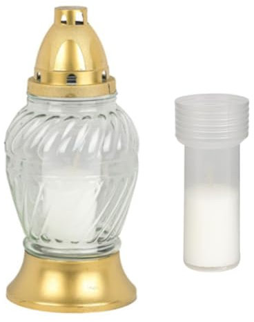 Grablaterne Grabkerze Oellicht Dauerbrenner Trauerlicht Glas Kunststoff 21,5 cm hoch (weiß + 1 Kerze)