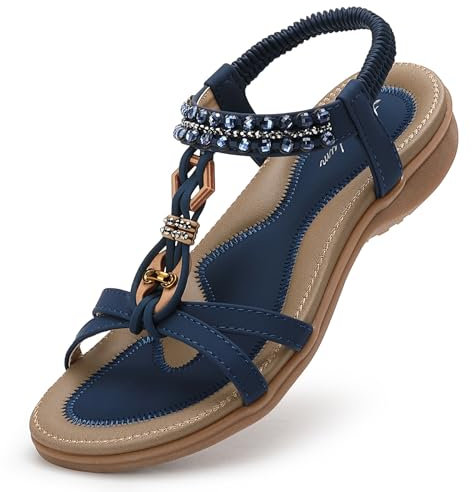Littleplum Sandalen Damen Sommer Flache Sandalette Bohemia Sandals mit Strass Perlen Freizeit Damen Strand Schuhe Sandalen, 23-Blau, 41 EU