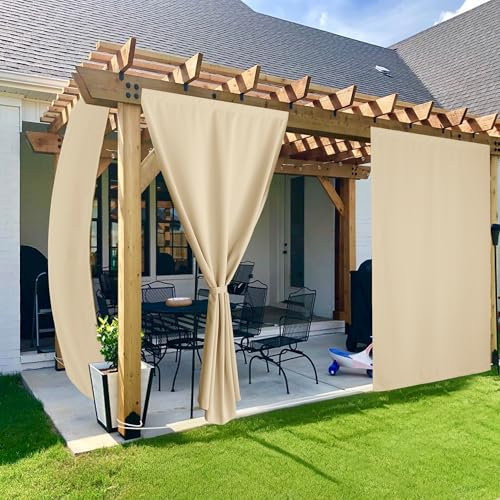 PONY DANCE Outdoor Gardinen Wasserdicht Pavillon & Terrasse Vorhänge mit Klettverschluss und Verdeckten Schlaufen Outdoorvorhang Wetterfest 2er Set H 213 x B 132 cm, Biscotti Beige