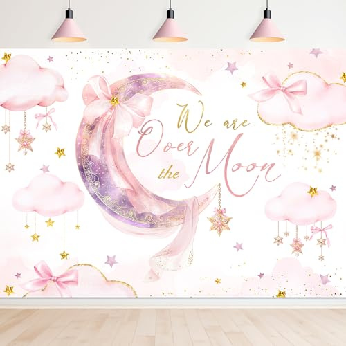 Newsely We are Over The Moon Baby Shower Backdrop 7Wx5H Photography Pink Bow Moon Stars Starry Clouds Bownot Coquettee Background Newborn Girl Party Decorations Banner Photo Booth Props Supplies